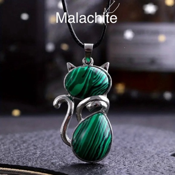 27 ❤️ Malachite Kitty Cat Natural Gemstone Crystal Stone Pendant Necklace - Picture 5 of 6